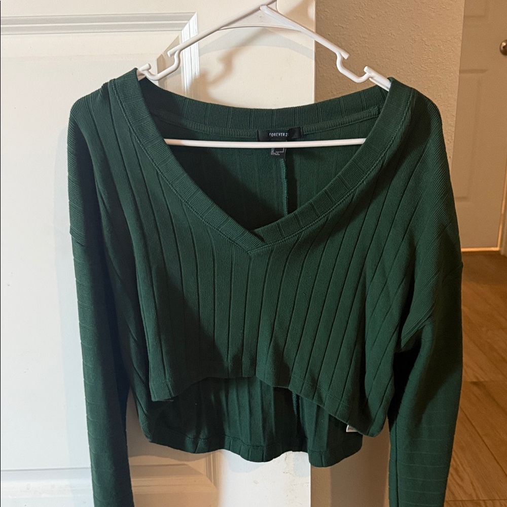 Forever 21 Deep Green Ribbed V-Neck Top